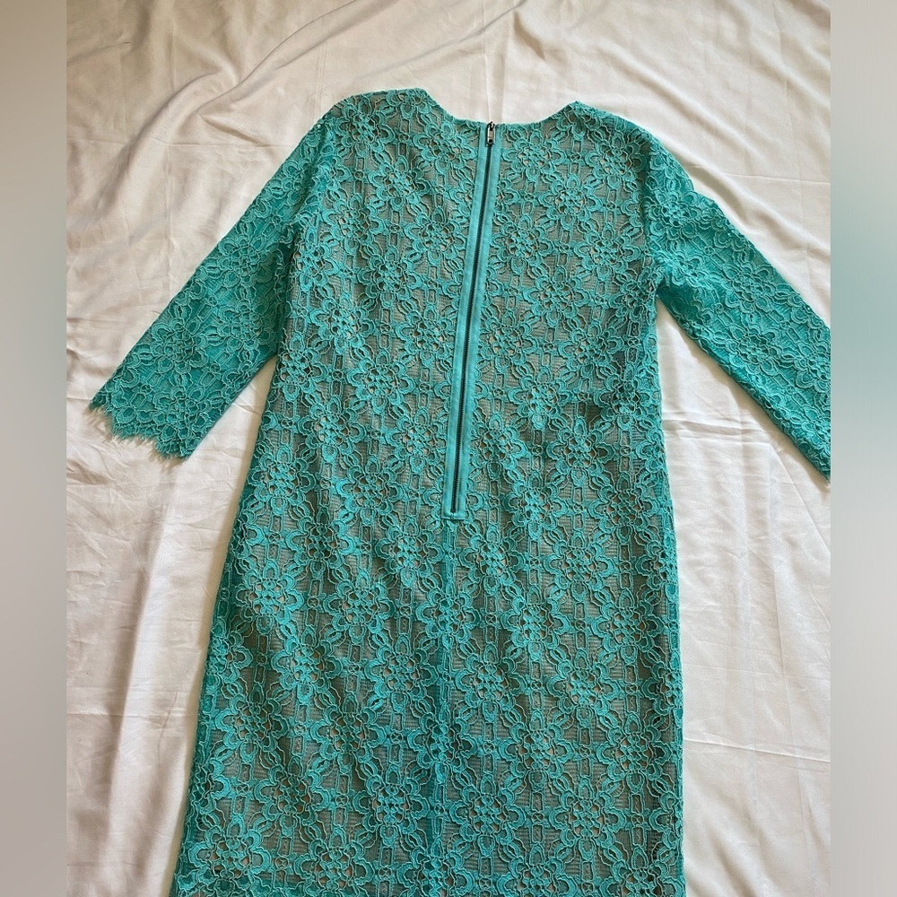 DKNY Lace Cocktail Dress | Aqua Blue Size 4 | Wedding Guest | 3/4 Sleeves - Picture 5 of 11